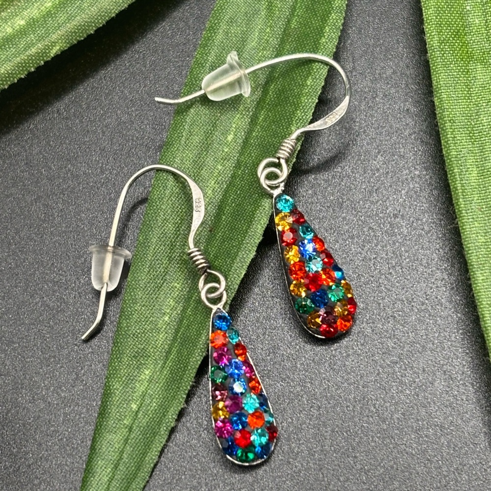 Signed Sterling Silver ATI Elongated Teardrop Earrings Multicolored Dangle Drop